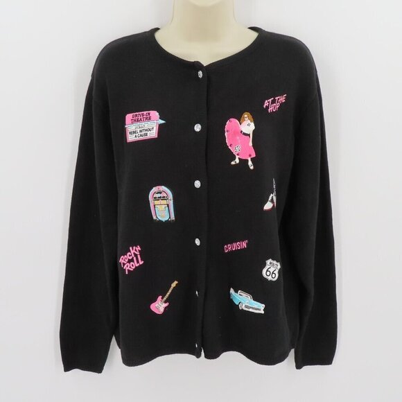 Tia Designs Womens Medium Sock Hop 1950s Embroidered Button Cardigan Sweater VTG - Picture 9 of 10